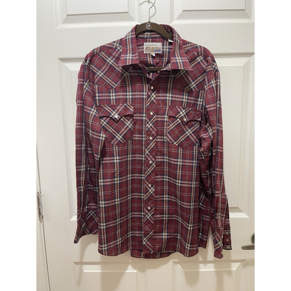 Authentic Western Mens Pearl Snap Shirt Long Sleeve Size 17.5 34-35  Red Plaid